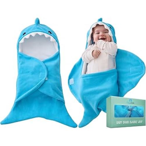 BlueMello Baby Shark Swaddle Blanket | Ultra-Soft Wearable Essential for Infants 0-6 Months | Adorable Shark Receiving Swaddling Wrap for Newborn Boy | Perfect Baby Girl Shower Gift for Baby Registry