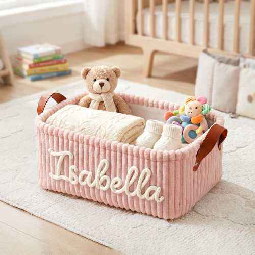 Personalized Baby Storage Basket,Baby Shower Gift, Moms To Be Gifts,Nursery Organizer with Leather Handles