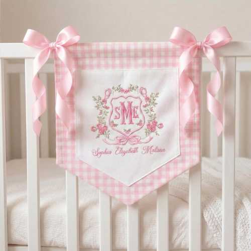 Personalized Embroidered Baby Banner Wall Decor, Custom Name Infant Nursery Keepsake Gift for Baby Girl, Newborn Announcement Decoration