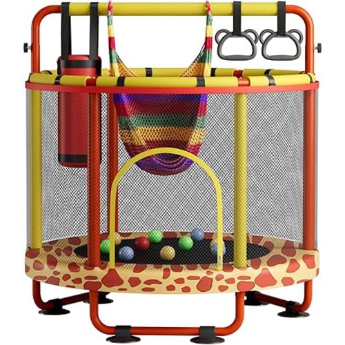 55" Trampoline for Kids with Enclosure, 440lbs Capacity Indoor & Outdoor Toddler Trampoline with Adjustable Gymnastics Bar & Toys, for Boys & Girls