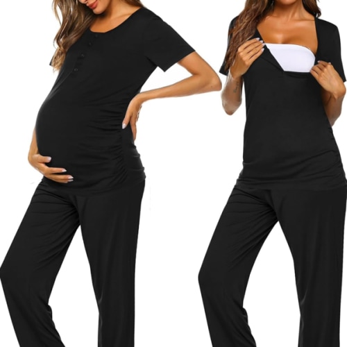 Ekouaer Women's Maternity Nursing Pajamas Sets Breastfeeding Printed Sleepwear Short Sleeve 2 Pcs Henley Top and Pants Set