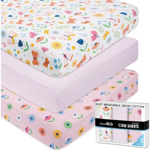 Fitted Crib Sheets 3pck, 52”x28” Butterflies & Flowers Sheet |