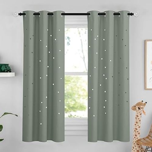 NICETOWN Blackout Kids Curtains for Girls Baby Nursery Room, Sparkling Twinkle Stars Bedroom with Starry Sky Theme Noise Reduce Windows Curtains for Child, 1 PC, 42 x 63, Sage Green