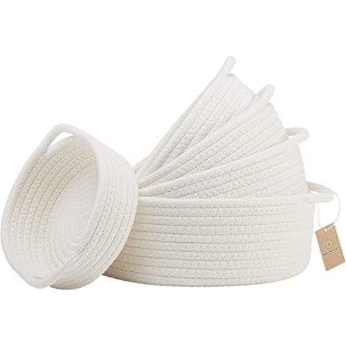 NaturalCozy 5-Piece Round Small Woven Baskets Set– Cotton Rope Baskets for Organizing! Montessori Toys, Fruits Remotes Key Tray Bowl for Entryway Desk, Shallow Catchall Home Décor, Cat Dog Bin Gift