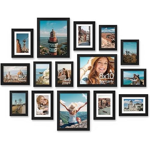 Vittanly 15 Pack Picture Frames Collage Wall Decor for Mounting or Tabletop Display, Gallery Frame Set for Family, Multi Sizes Including 3pcs 8x10, 6pcs 5x7, 6pcs 4x6, Black