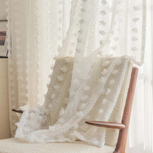 Xmarks White Semi Sheer Curtains, 1 Panel, Rod Pocket, Pom Pom Tufted Curtains for Living Room Bedroom, Boho Drapes Light Filtering Pompom Curtains Girls Kids Baby Nursery Cute Window Curtains