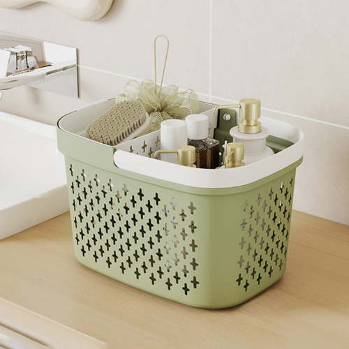 Handheld Wash Basket with Wet/Dry Separation - Multicolor Plastic Bath Storage Organizer with Zoned Compartments, 27x19x17cm
