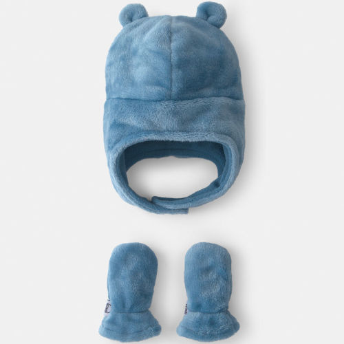 Baby Kombi Velboa Hat and Mitten Set - Blue | Carter’s Oshkosh Canada