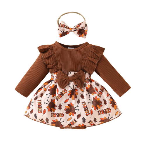 UFOUND Girls Long Sleeve Thanksgiving Day Cartoon Prints Romper Bodysuits Dress Headbands Set Toddler Everyday Onesie