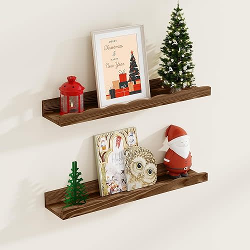 Fun Memories Picture Ledge Shelf for Wall, 24 inch Pine Wood Nursery Book Shelves Set of 2- Wall Book Shelves for Kids Room, Home Decor - Kitchen Spice-Carbonized