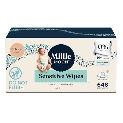 Millie Moons Sensitive Baby Wipes, Unscented, 648 Count (9 Packs of 72)