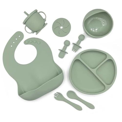 10pc Silicone Baby Feeding Set | No Mess Divided Suction Plate, Suction Bowl, Spoon and Fork, Silicone Bib and Sippy Cup with Snack Cup Attachment | Baby Led Weaning Feeding Utensils | (Olive)