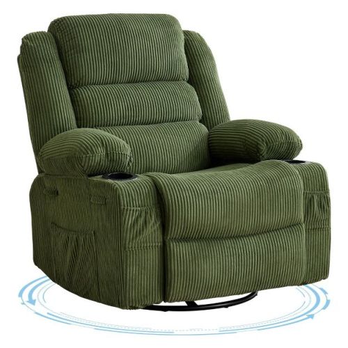 Rocking Recliner Chair for Adults, 360° Swivel Rocker with Cup Holder, Corduroy Upholstered Deep Seat Nursery Glider, Green