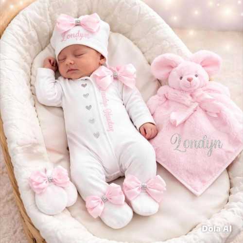 Newborn baby girl FULL SET sleepsuit hat headband mitts. EXTRAS add a rabbit or blanket Or keepsake suitcase or gift box 2nd pic original