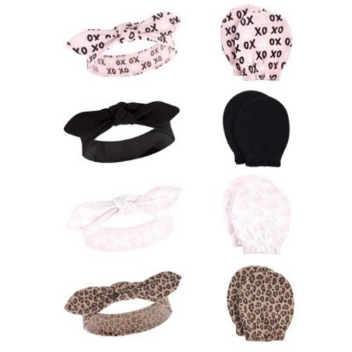 Hudson Baby Infant Girls Cotton Headband and Scratch Mitten Set, Black Xoxo, 0-6 Months