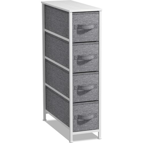 Sorbus Narrow Dresser with 4 Drawers - Vertical Slim Storage Chest of Drawers with Steel Frame, Wood Top & Easy Pull Fabric Bins for Small Spaces, Closets, Bedroom, Bathroom & Laundry (White/Gray)