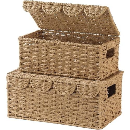 Set of 2 Scalloped Wicker Baskets with Lid,Paper Rope Decorative Storage Baskets for Shelves, Display Shelf, Handmade Cute Woven Basket for Nursery,Living Room Decor