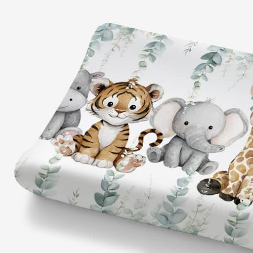 HawSkgFub African Safari Jungle Animals Eucalyptus Leaf Changing Pad Cover Baby Girl Boy, Giraffe Elephant Leopard Lion Zebra Diaper Change Table Sheet Soft Stretchy Safe Snug Fitted Fit 32"/34" x 16"
