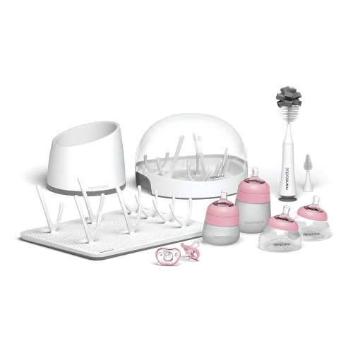 Nanobebe Breastmilk and Silicone Baby Bottle Ultimate Set Gen 2, 5oz and 9oz - with Sterilizer, Drying Rack, Anti-Colic Nipples, Pacifiers, and Warmer - Pink/Grey