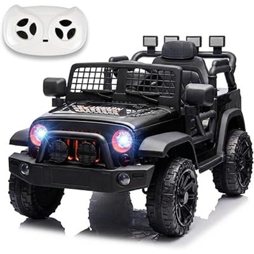 Bluefun 12V Kids Ride on Truck Electric Car, 2 Seater Ride On Car for Kids with Parent Remote Control, 4WD Suspension Electric Vehicles Toys for Toddlers, Adjustable Speed, Head Lights (Dark Black)