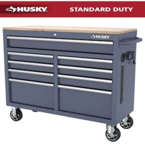 Standard-Duty 46 in. W 9-Drawer Gloss Cadet Gray Mobile Workbench Cabinet with Solid Wood Top