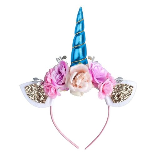 AHIER Unicorn Headband Gold Horn for Unicorn Birthday Party Decorations Supplies Flowers Cat Ear Head (Unicorn Headband)