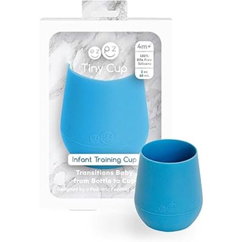 ezpz Tiny Cup (Blue) - 4 months+ - 100% Silicone Training Cup for Infants - Designed by a Pediatric Feeding Specialist - Baby-Led Weaning Essentials & Baby Gifts