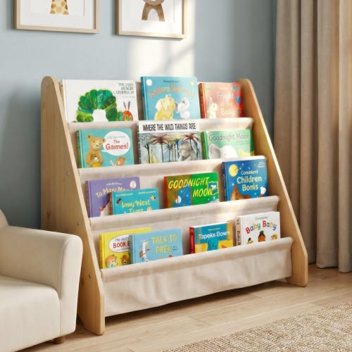 Montessori Inspired Solid Wood Bookshelf with Linen Slings and Child-safe Design