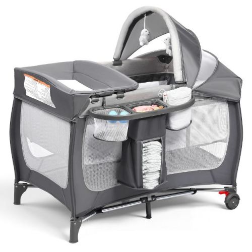 Kinder King 4-in-1 Portable Pack and Play with Bassinet, Changing Table, Adjustable Canopy, Storage Basket & Travel Bag – Infant to Toddler Playard