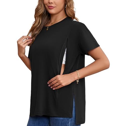 Ecavus Women's Oversized Nursing Shirts for Breastfeeding with Hidden Zipper Short Sleeves Side Splits Maternity Tops