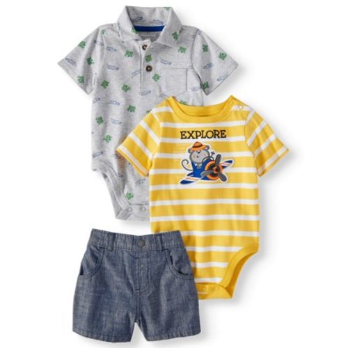 Baby Boys' Printed Polo, Graphic or Stripe Bodysuit and Canvas Shorts, 3-Piece Outfit Set - Grey/Yellow/Chambray