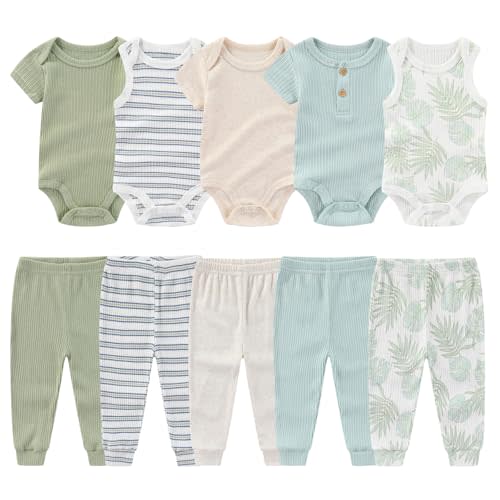 MAMIMAKA Newborn Baby Layette Gift Set 10-Piece Baby Boy Girl Short Sleeve Bodysuits with Pants Infant Outfit Essentials