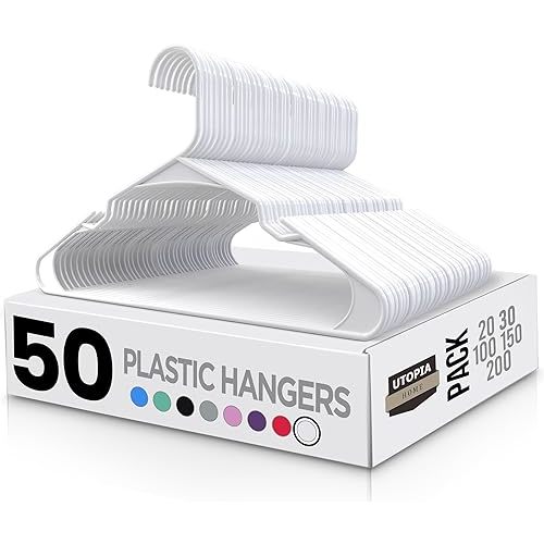 Utopia Home - Plastic Hangers 50 Pack - Space Saving Clothes Hanger - Durable and Strong Closet Organizers and Storage Makes It Ideal Stocking Stuffers or Apartment or Dorm Room Essentials (White)