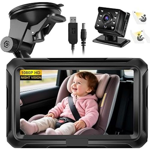 Omebel Baby Car Camera, Baby Car Mirror, 4.3" HD 1080P, 360 °Rotation Night Vision Baby Monitor with Camera, Rear Facing 5 Mins Easy Installation