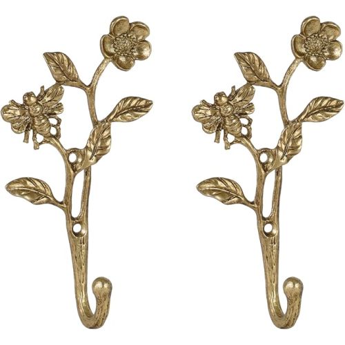 2pcs Metal Dark Gold Coat Hooks with 3D Bee & Flowers Shape, for Entryway, Bathroom, Bedroom Farmhouse Decoration