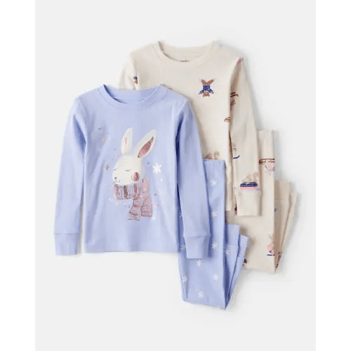 Baby Girl Bunny Winter Print 100% Cotton Long-Sleeve Snug Fit 4-Piece Pajamas - Blue/White | Carter's
