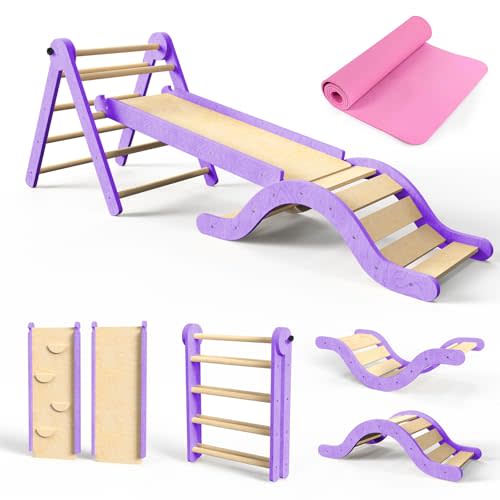 Pikler Triangle Set 7in1 Toddler Climbing Toys Indoor Foldable Baby Climbing Toys Wooden Montessori Climbing Set with Arch, Ramp, Ladder for 1-3 Years, Jungle Gym for Kids (Purple)