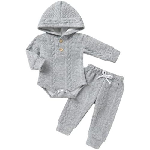 YOUNGER TREE Newborn Baby Boy Girl Clothes Hooded Long Sleeve Romper Pants Set Solid Ribbed Infant Fall Winter Outfits