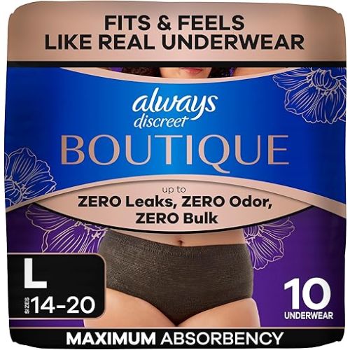 Always Discreet Boutique Incontinence and Postpartum Underwear for Women, Maximum Protection, Large, Black, 18 Count