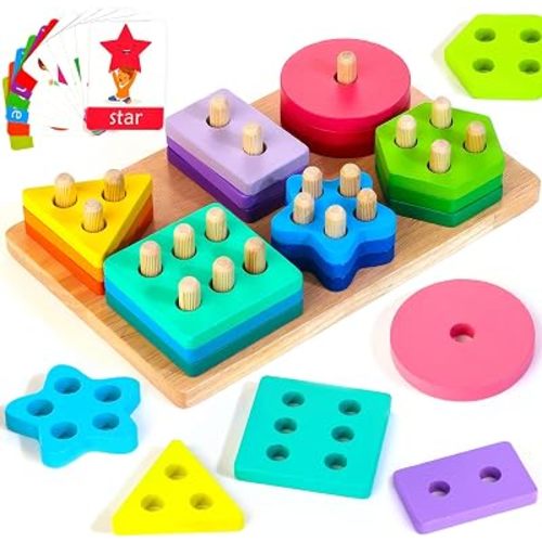 Wooden Sorting & Stacking Toys, Montessori Toys for 1 2 3 Years Old Toddlers, Shape Sorter Puzzles with 24-Piece Large Geometric Blocks & 12 Word Cards, Gift for 12+ Months Baby Boys Girls