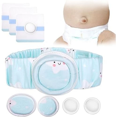 Umbilical Hernia Belt Kit for Baby, Baby Belly Button Band, Hernia Belt with 4 Compression Pads and 3 Navel Patches, Infant Abdominal Binder Set, Umbilical Cord Cover for Newborn(S Pattern Blue)