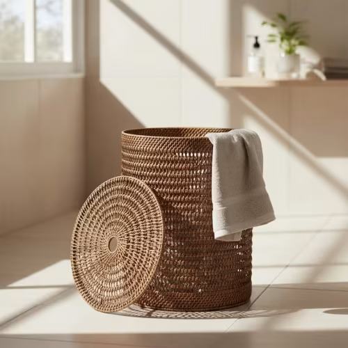 Handwoven Rattan Laundry Hamper with Lid | Breathable Open-Weave Design