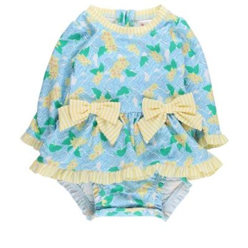 RuffleButts UPF50+ Baby Girls Long Sleeve One Piece Bow Peplum Rash Guard Swimsuit - Blooming Basket, 3-6m