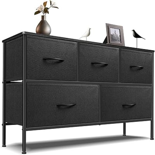 Dresser for Bedroom with 5 Drawers, Chest of Drawers, Storage Drawers Organizer Unit, Black Wide Fabric Dresser with Fabric Bins for Closet, Living Room, Bedroom (Charcoal Black)