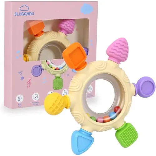 Baby Teething Toys for 0-6 6-12 Months,Ring Teether Baby Infant Toys,Baby Rattle Teether Sensory Toy for Babies 0-24Months, BPA Free Silicone Baby Toy for Newborn Infant Toys Gifts