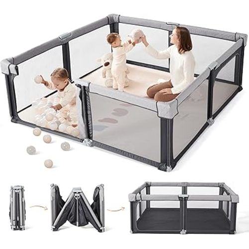 Sweeby Baby Playpen, 59x59 Inch Baby Gate Playpens for Babies and Toddlers, Large Playpen with Door Play Yard for Fence Indoor and Outdoor Play Pen,Space Gray