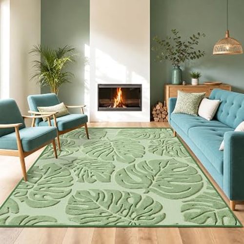 Sage Green Monstera Area Rug 6x9, High-Low Plush Pile Washable Rugs for Living Room Bedroom, Tropical Non Slip Nursery Carpet Soft Indoor Shag Rugs for Dining Room