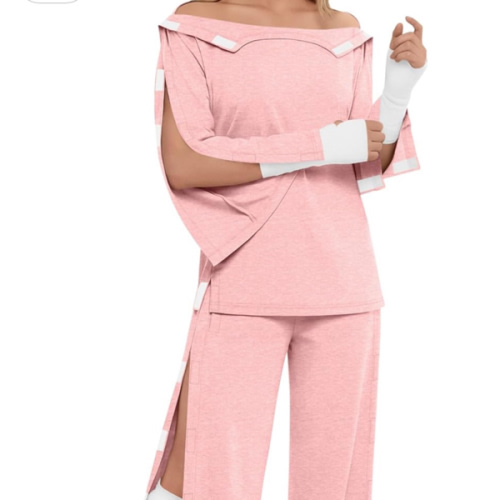 Women's Hospital Gown Set Long Sleeve Bedridden Patient Adaptive Clothing Tear Away Shirt and Pants for Easy Care