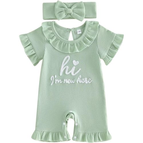 FYBITBO Im New Here Newborn Outfit Baby Girl Ruffle Collar Romper Coming Home Jumpsuit Bodysuit Summer Infant Waffle Clothes