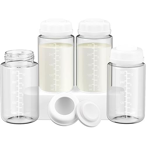 4 Pack 10oz Wide-mouth Breastmilk Storage Bottle for Momcozy 22oz Portable Breast Milk Cooler, Pumping Storage Containers Compatible with Spectra S1/S2/9 Plus/SG/Motif Luna (4PC/White Lids)